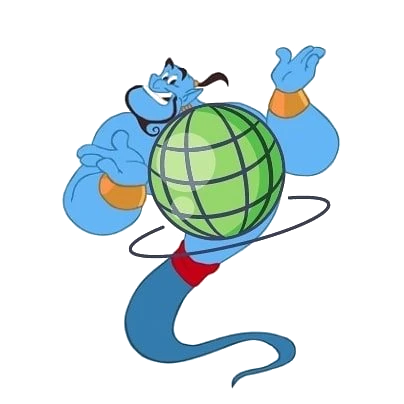 WebZinny genie mascot presenting a glowing globe, the brand's visual identity